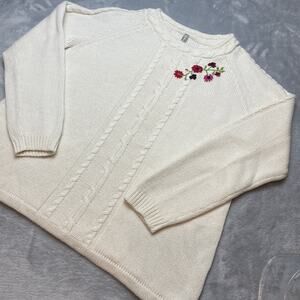 Hanna Andersson Sweater Womens XL Ivory Wool‎ Blend Embroidered Floral Pullover